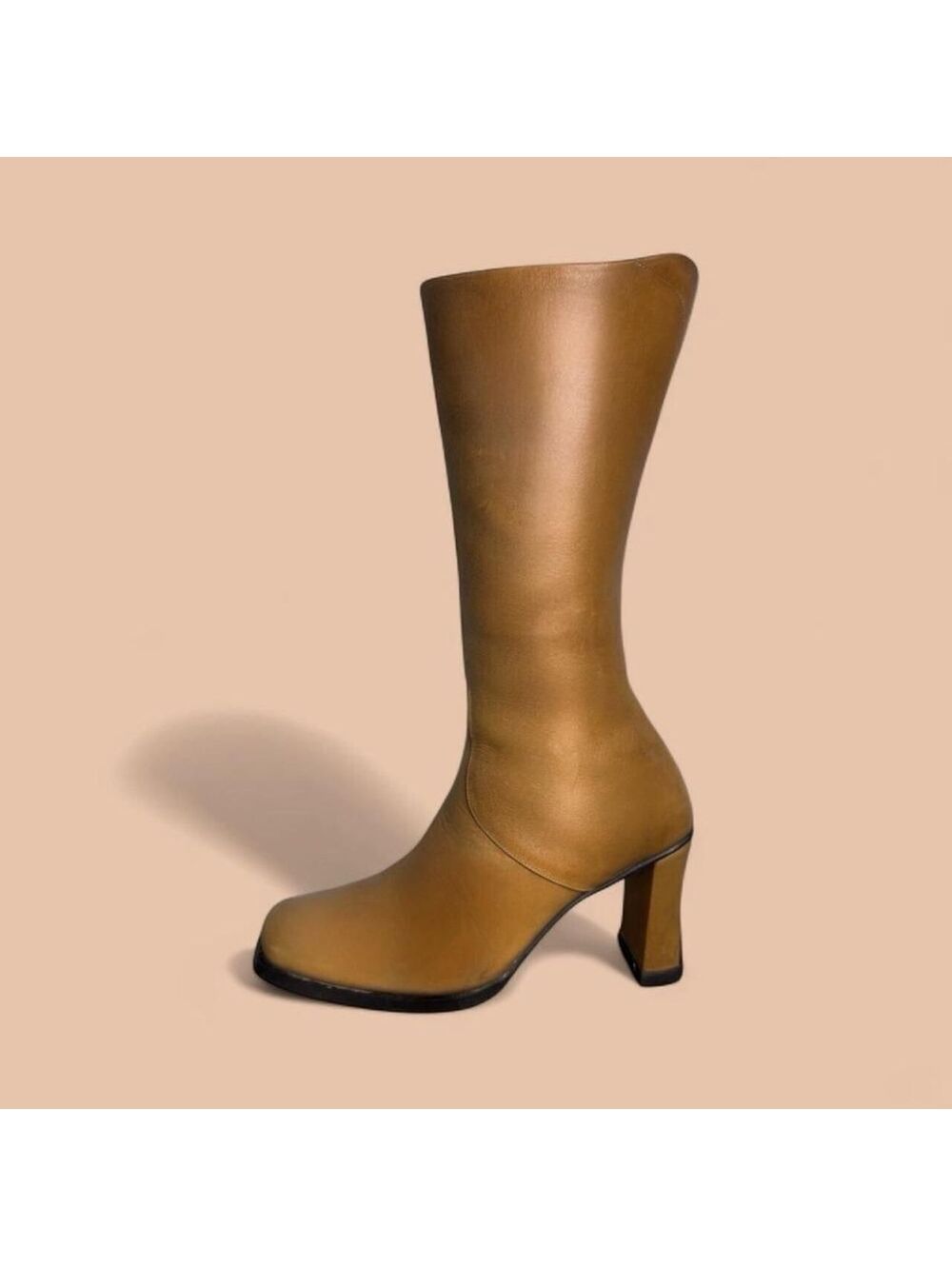 Vic Matie Vintage Tan Leather Square Toe Knee High Block Heel Boots Size 37